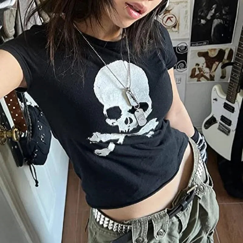 Vintage Grunge Skull Graphic Crop Top | Y2K Gothic Punk Tee