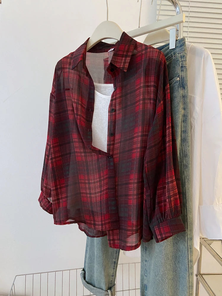 Women’s Red Black Plaid Long Sleeve Shirt