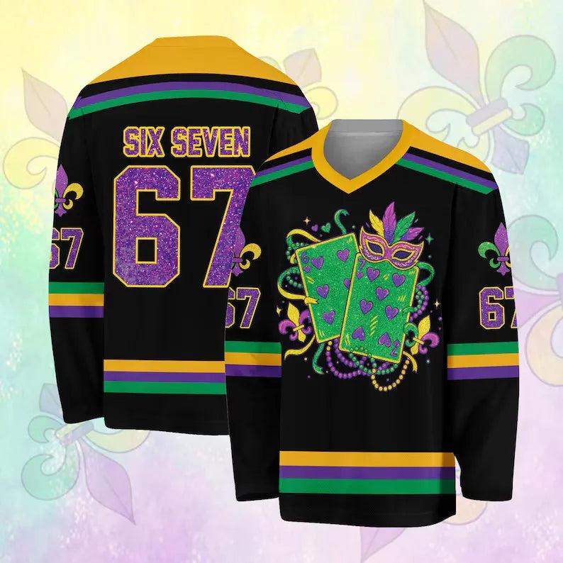 3D Print Mardi Gras Hockey Jersey | Glitter Carnival Long-Sleeve Streetwear T-Shirt