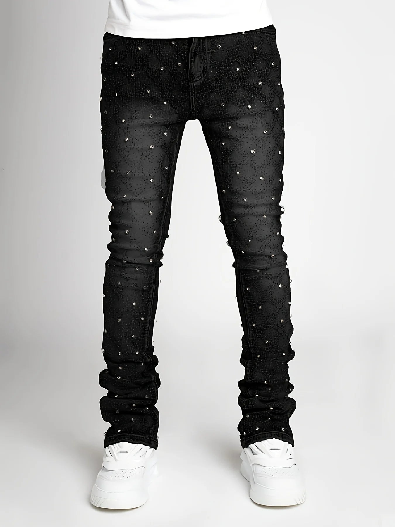 Men’s Pearl-Embellished Straight Leg Denim Jeans | Trendy European & American Style