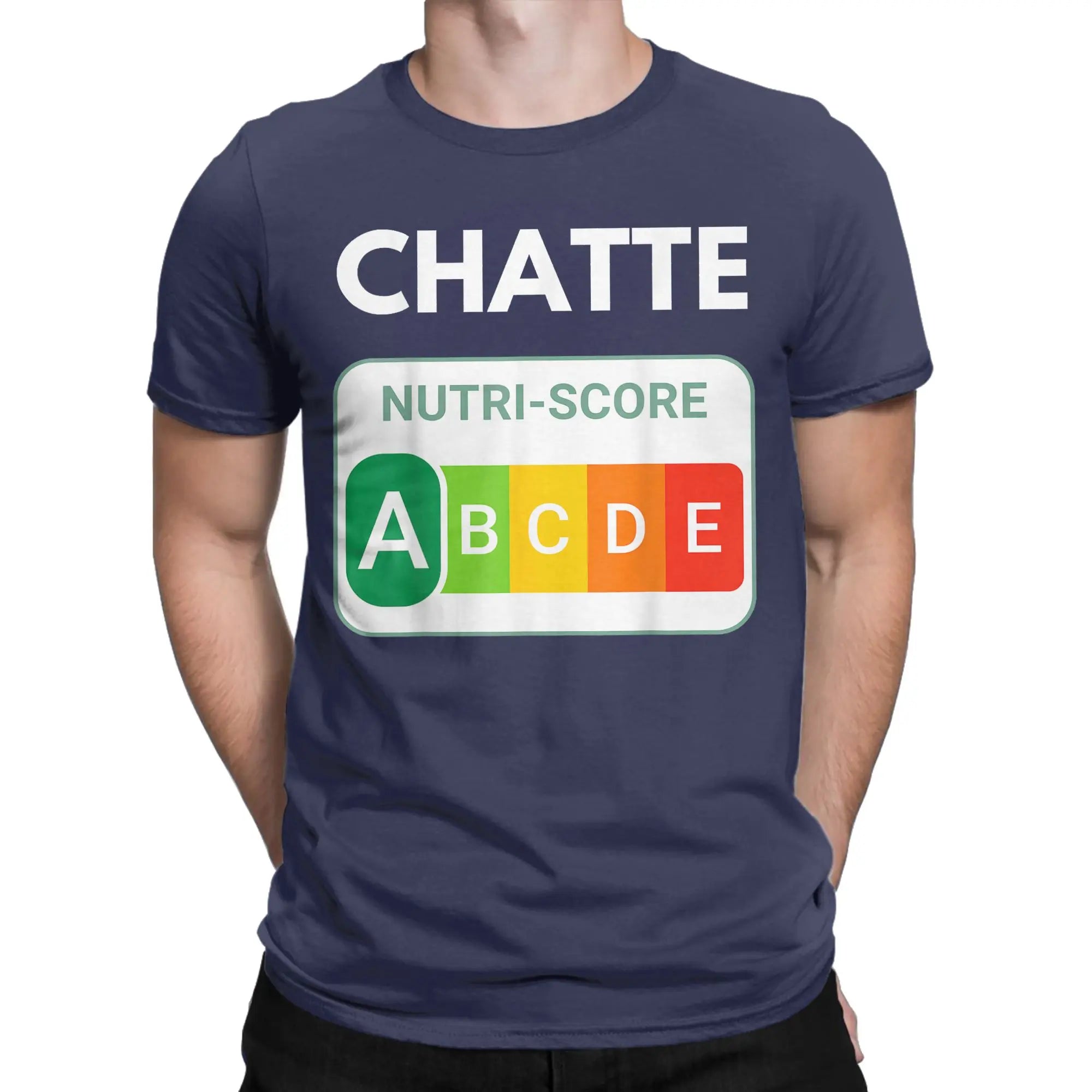 Creative Nutri-Score “A Chatte” Cat Lover T-Shirt | Men’s Funny Cotton Short Sleeve Tee