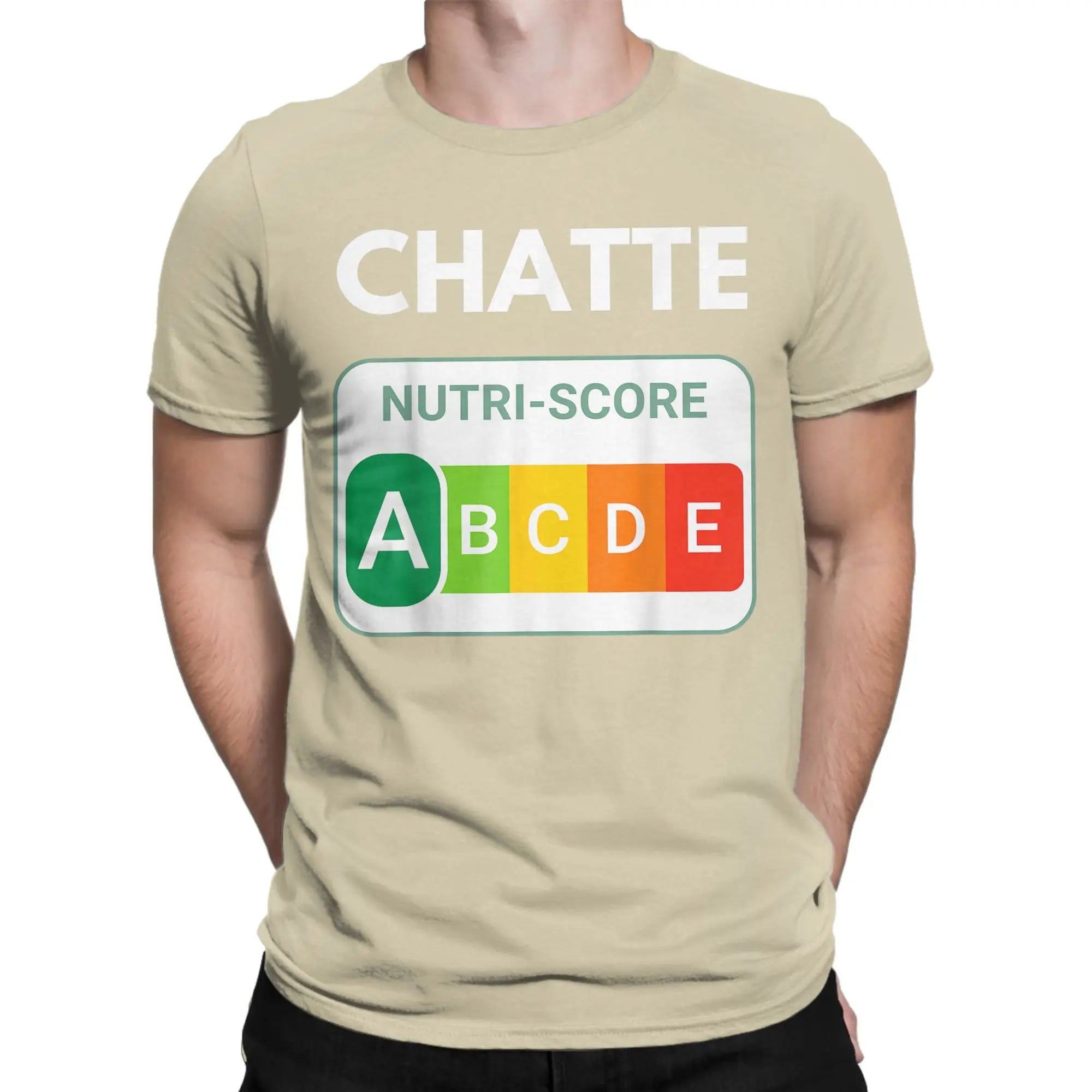 Creative Nutri-Score “A Chatte” Cat Lover T-Shirt | Men’s Funny Cotton Short Sleeve Tee
