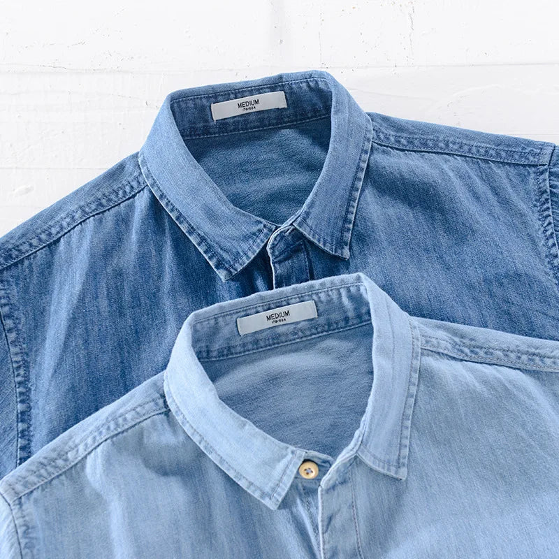 Men Denim Shirt , Thin Summer Half Sleeve Casual Top, Loose Trendy Handsome Short Sleeve ,Camping Denim Short Sleeve Jacket