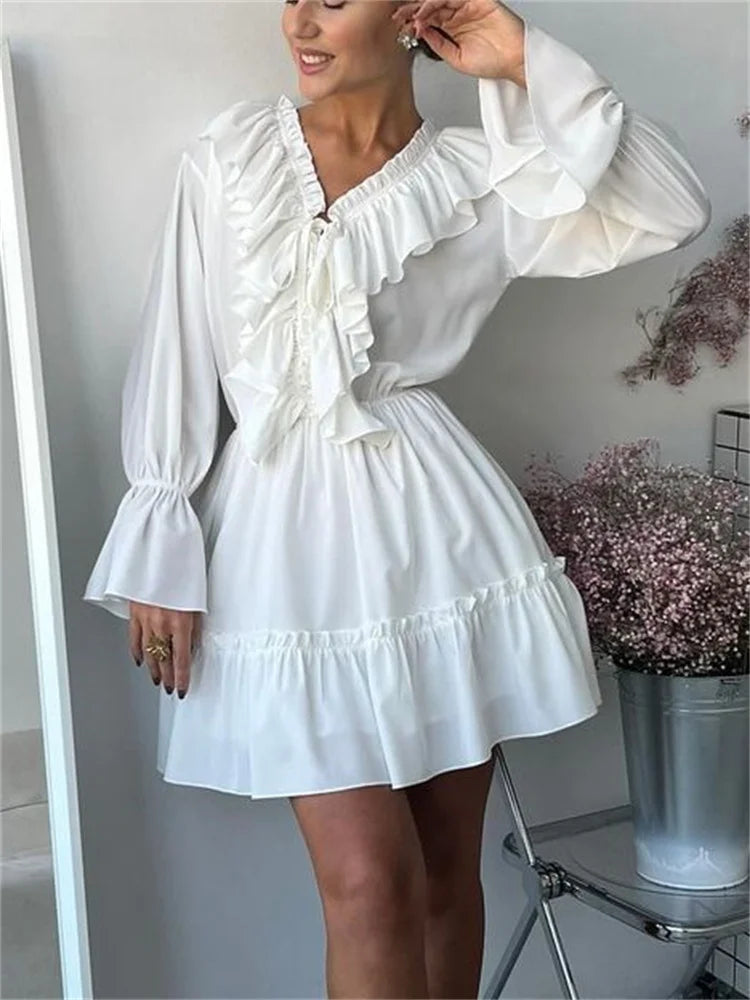 Tossy Ruffled V-Neck White Mini Dress