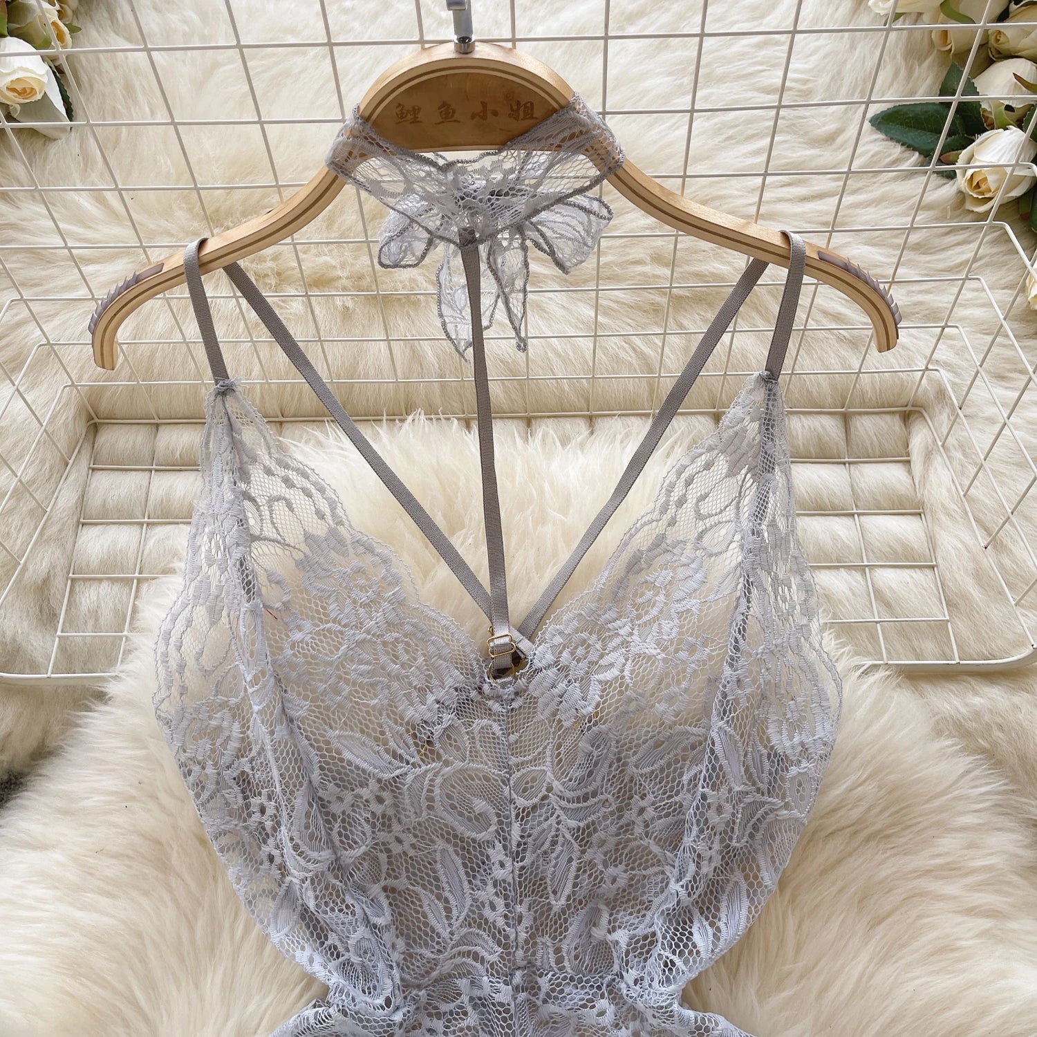 V-Neck Lace Strap Jumpsuit See Through Backless Lingerie