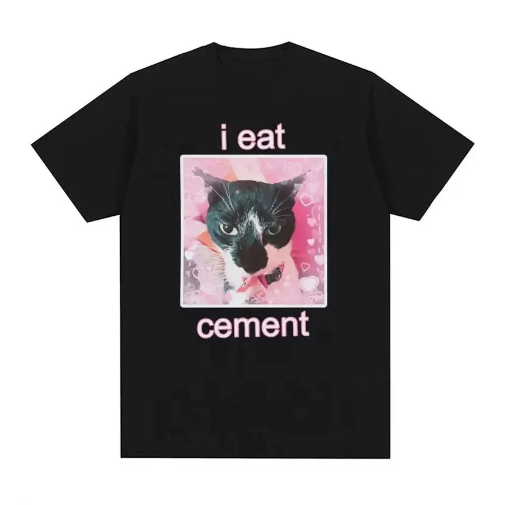 Women’s Funny Meme T-Shirt | “I Eat Cement” Cursed Cat Print