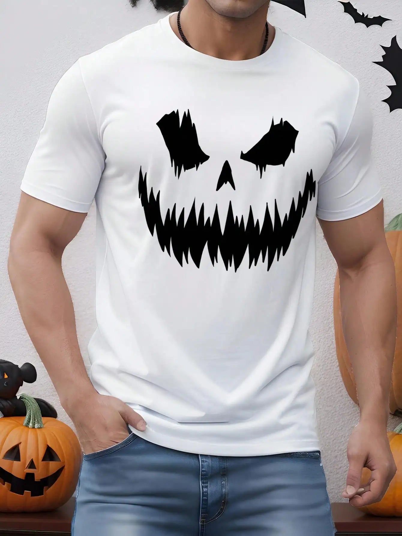 2025 Halloween Pumpkin Face Silhouette Print Casual Men&