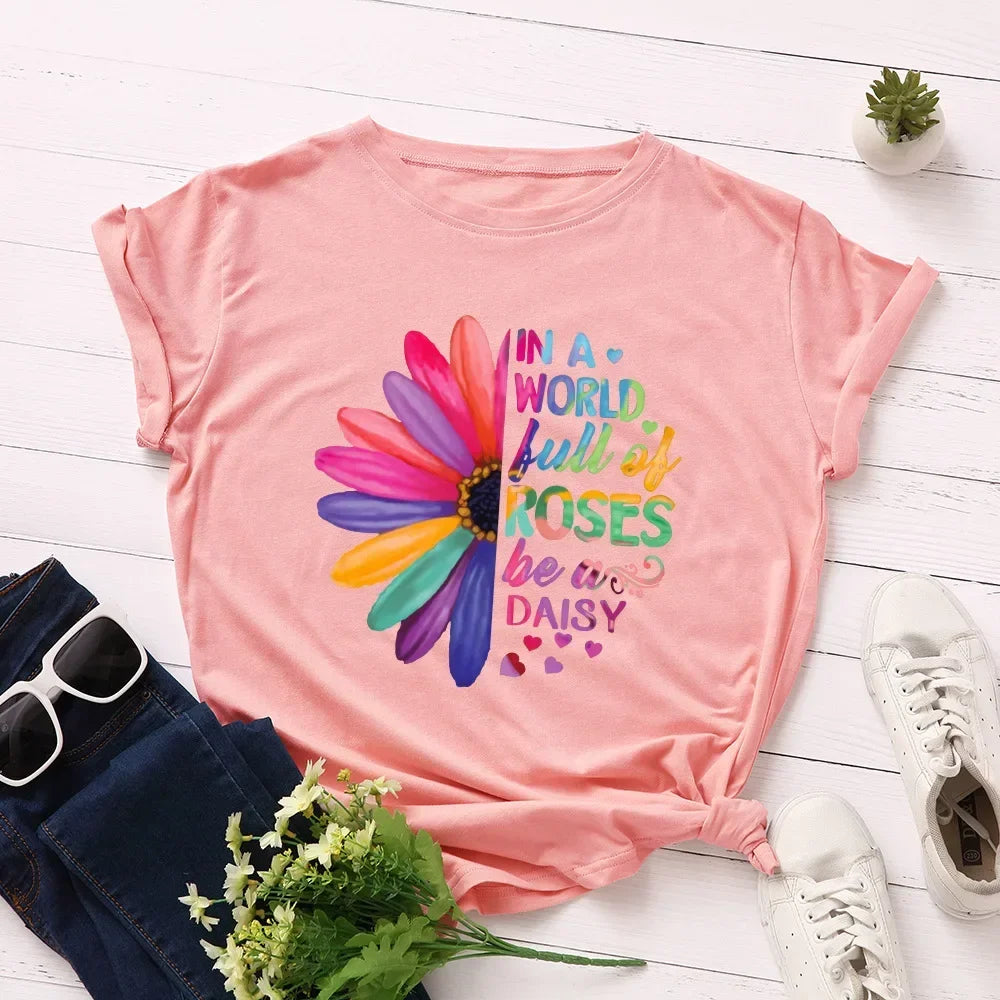 Women’s Daisy & Sunflower Print T-Shirt | Loose Short Sleeve Oversized Tee