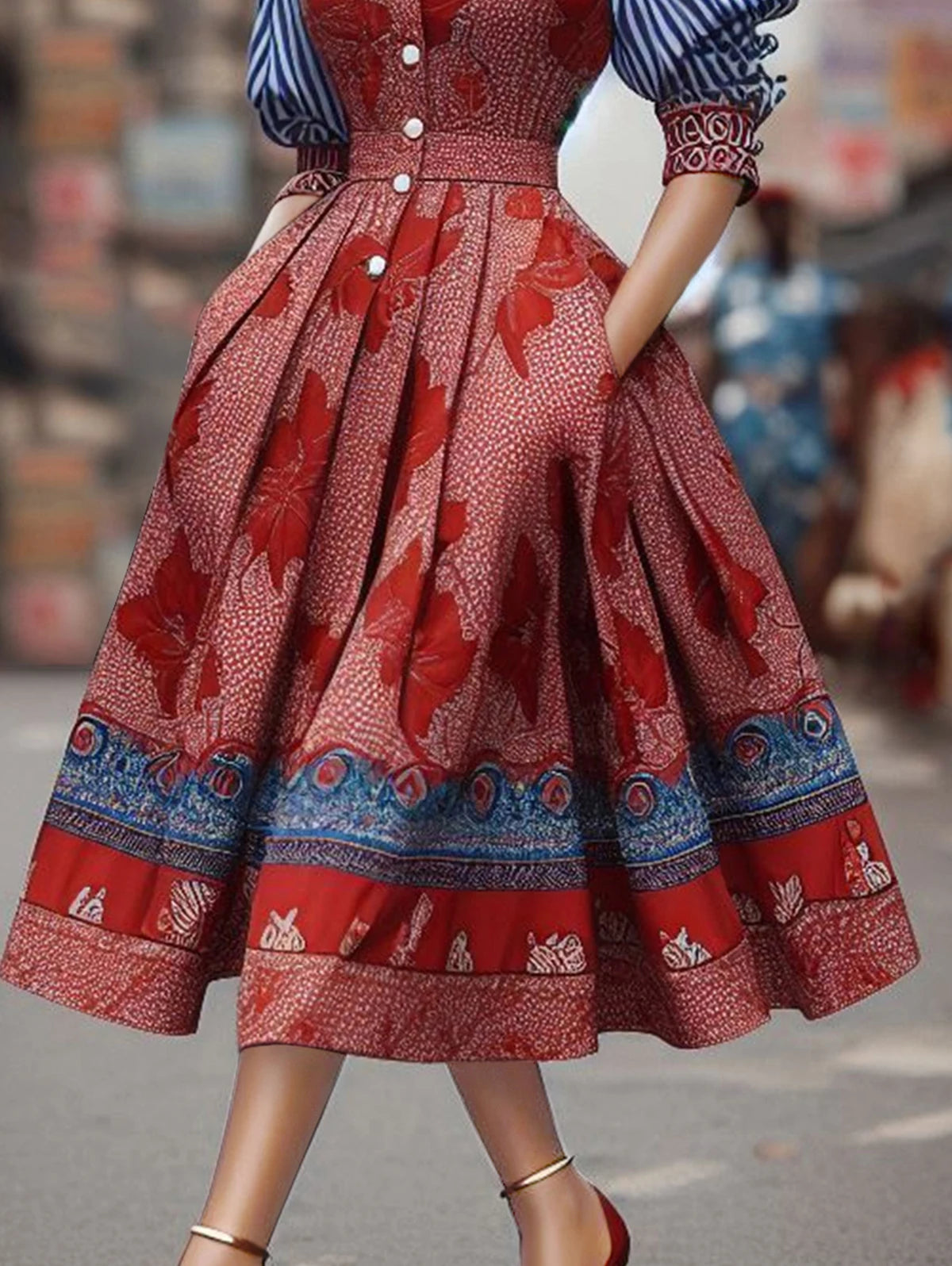 Elegant Striped Floral Patchwork Midi Dress