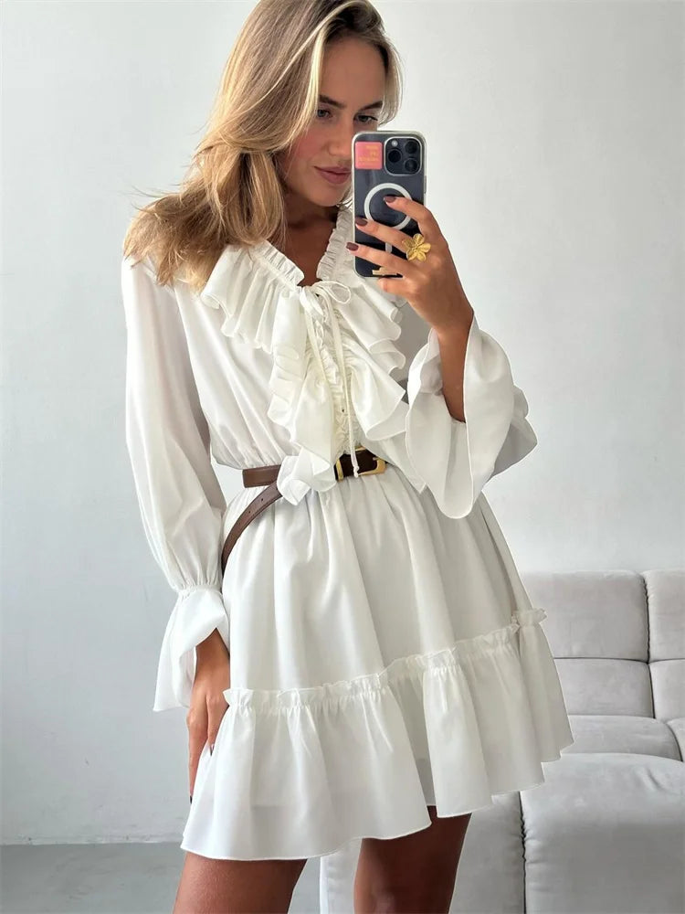Tossy Ruffled V-Neck White Mini Dress