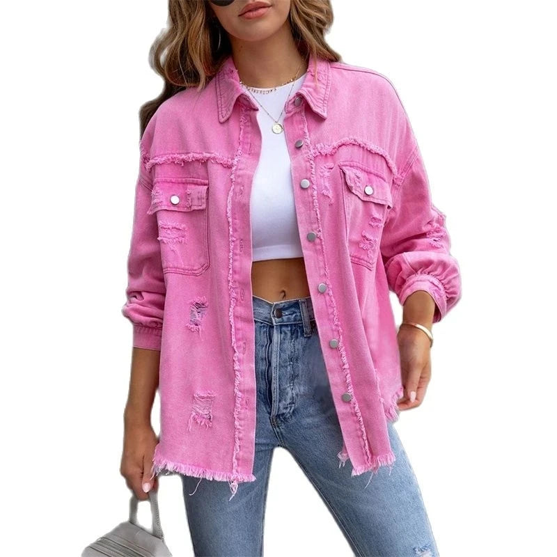 2025 Holes Raw-edges Denim Jacket Women Spring Autumn Shirt Style Jeancoat Casual Top Rose-Red Orange Purple Outerwear Lady Coat