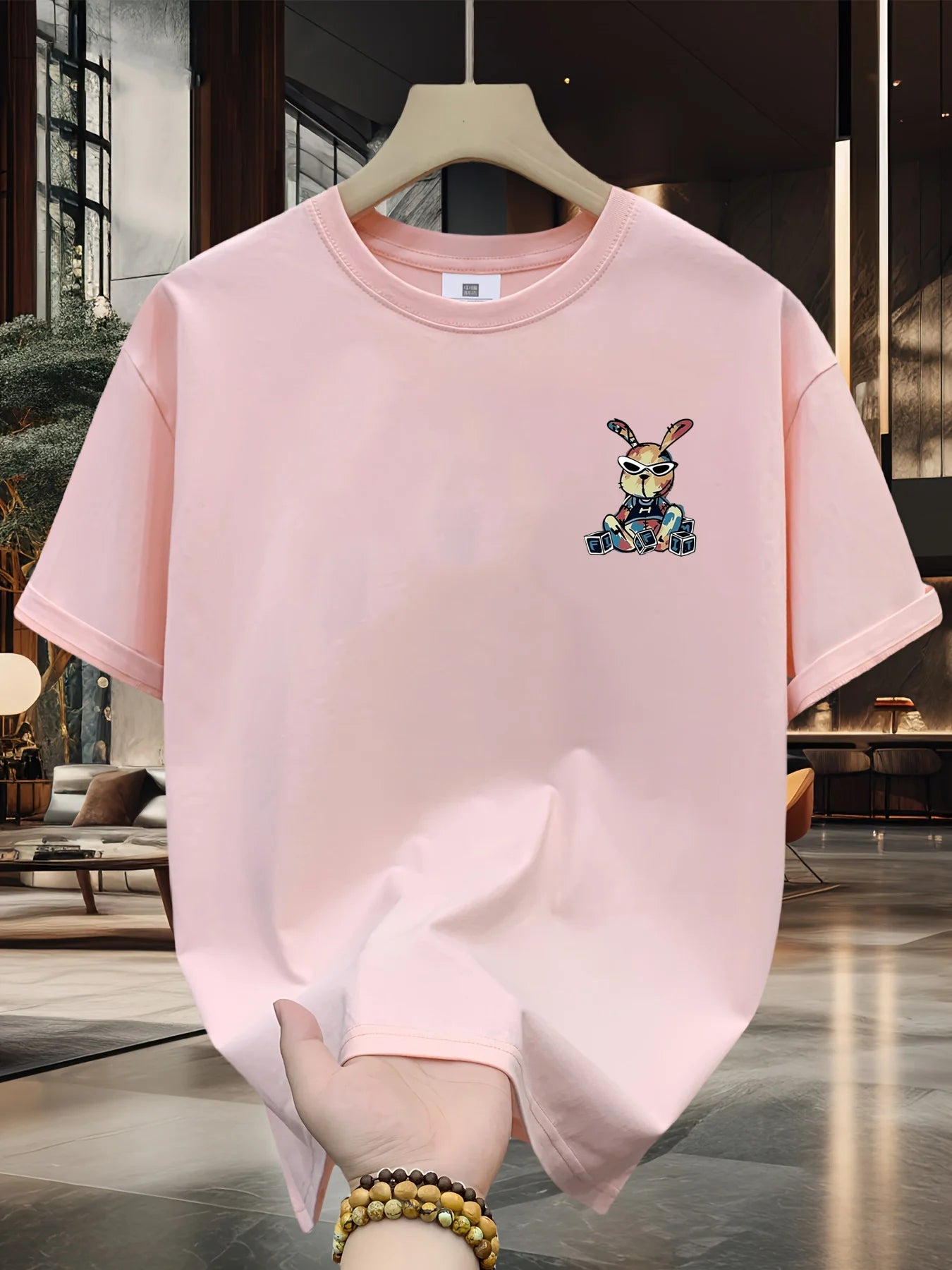 Men’s Summer Cotton Cartoon T-Shirt | Black Rabbit Print