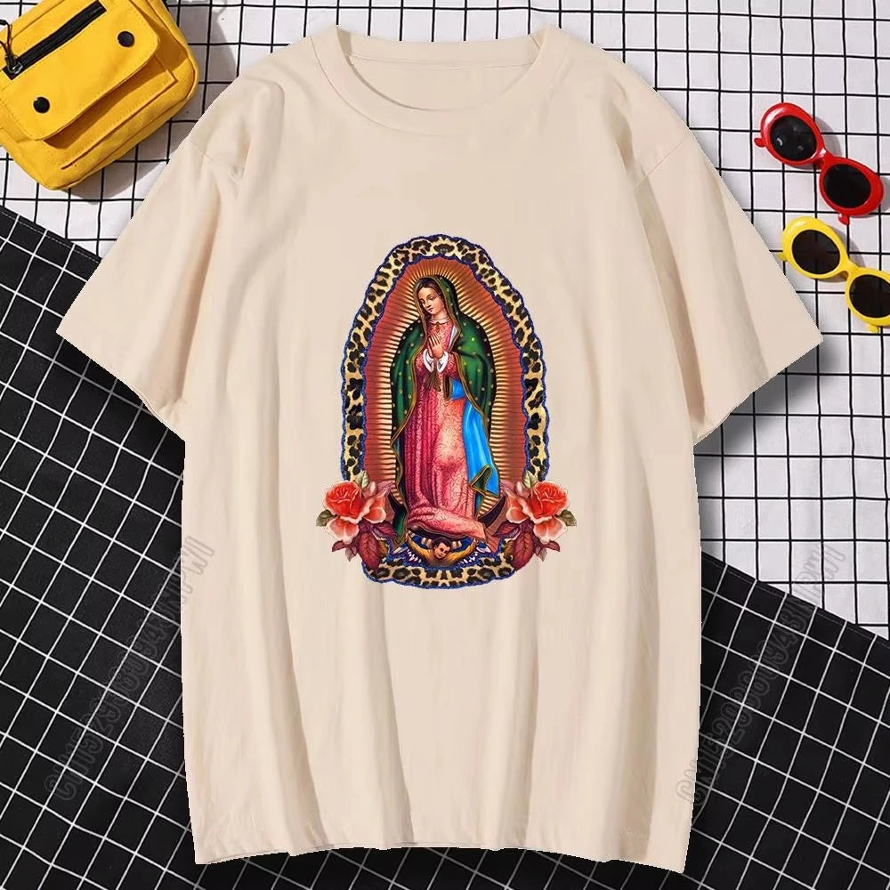 Man Woman T-Shirts Virgin Mary of Guadalupe Cotton Oversized Tops Hip Hop Loose Streetwear Tee Harajuku