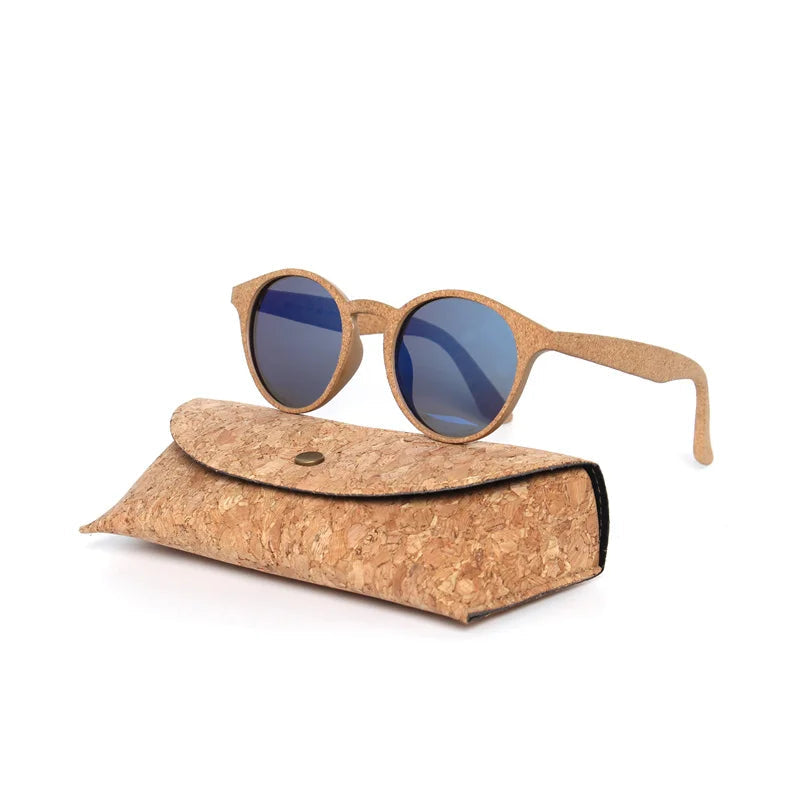 Round Bamboo Grain Polarized Sunglasses with Case – Unisex Wooden Style Shades