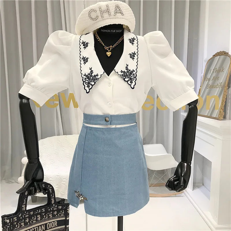 Vintage Half Sleeve Peter Pan Collar Shirt for Women
