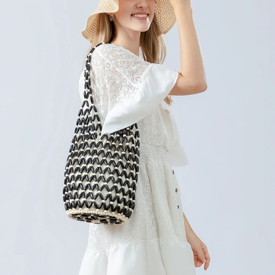Women’s Woven Hollow-Out Wooden Bead Bucket Bag