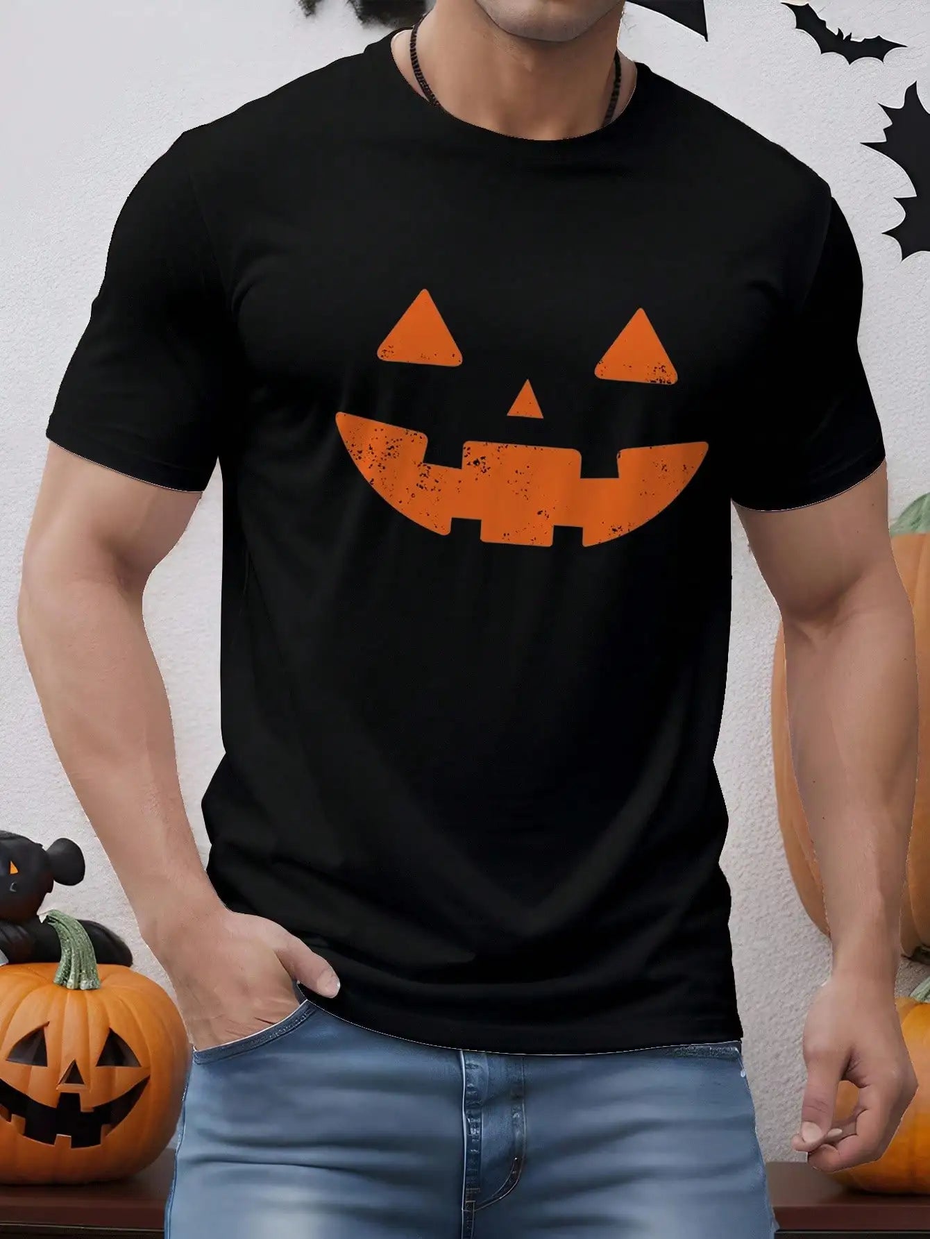2025 Halloween Pumpkin Face Silhouette Print Casual Men&