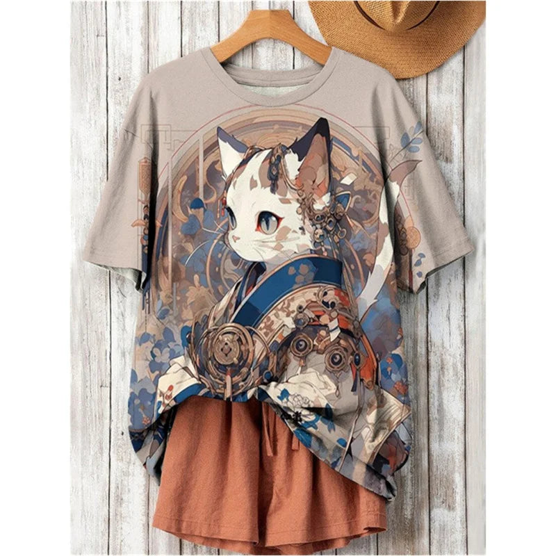 3D Printed Japanese Cat T-Shirt | Harajuku Cartoon Oversized Tee