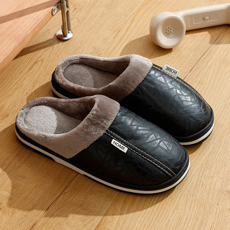 Men’s Winter PU Leather Slippers | Warm & Waterproof Indoor Shoes