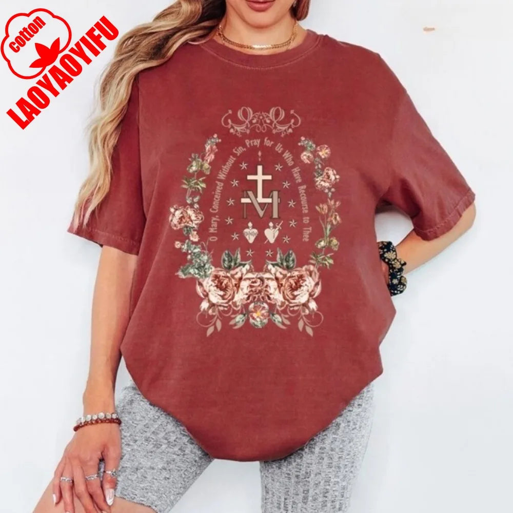 Unisex Virgin Mary Cotton T-Shirt – Short Sleeve Christian Tee