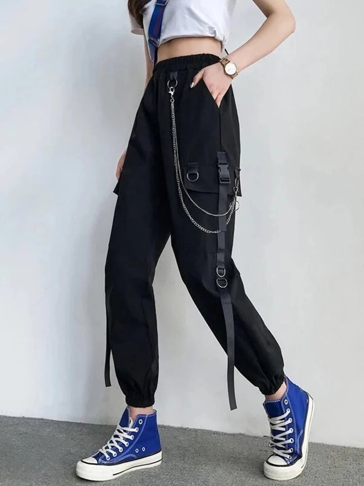 Women’s Punk Cargo Harem Pants – High Waist Joggers with Chains & Pockets