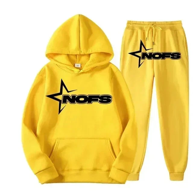 Streetwear NOFS Star Print Tracksuit Black Hoodie and Joggers Set for Men Women