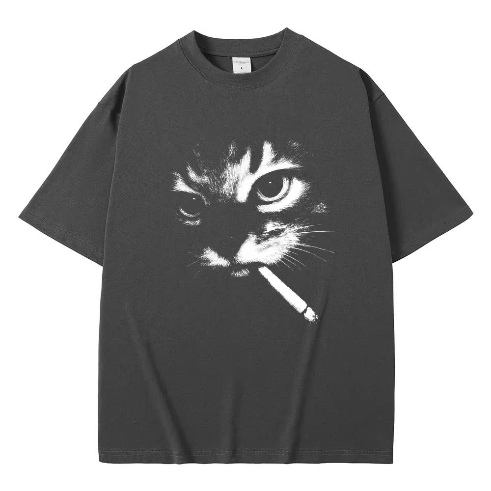 Funny Meme Smoking Cat Face Graphic T-shirts Men Women Casual Cotton Vintage T Shirts Men&