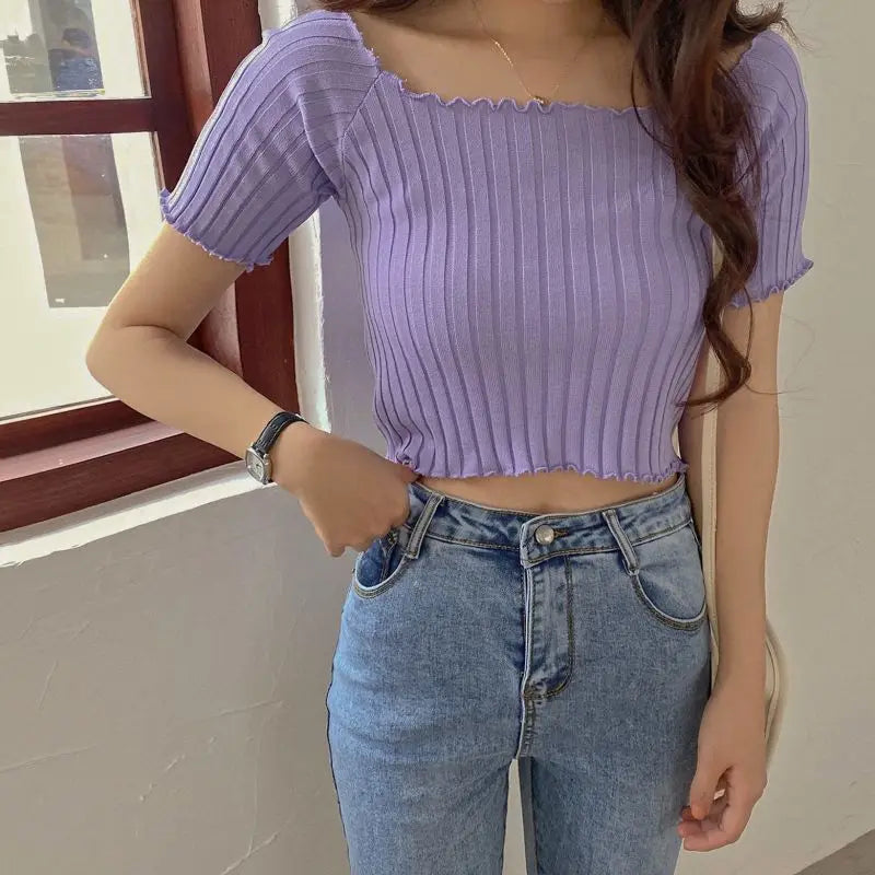 Women’s Off-Shoulder Knitted Slim Fit Knitted Short Sleeve Y2K Tee