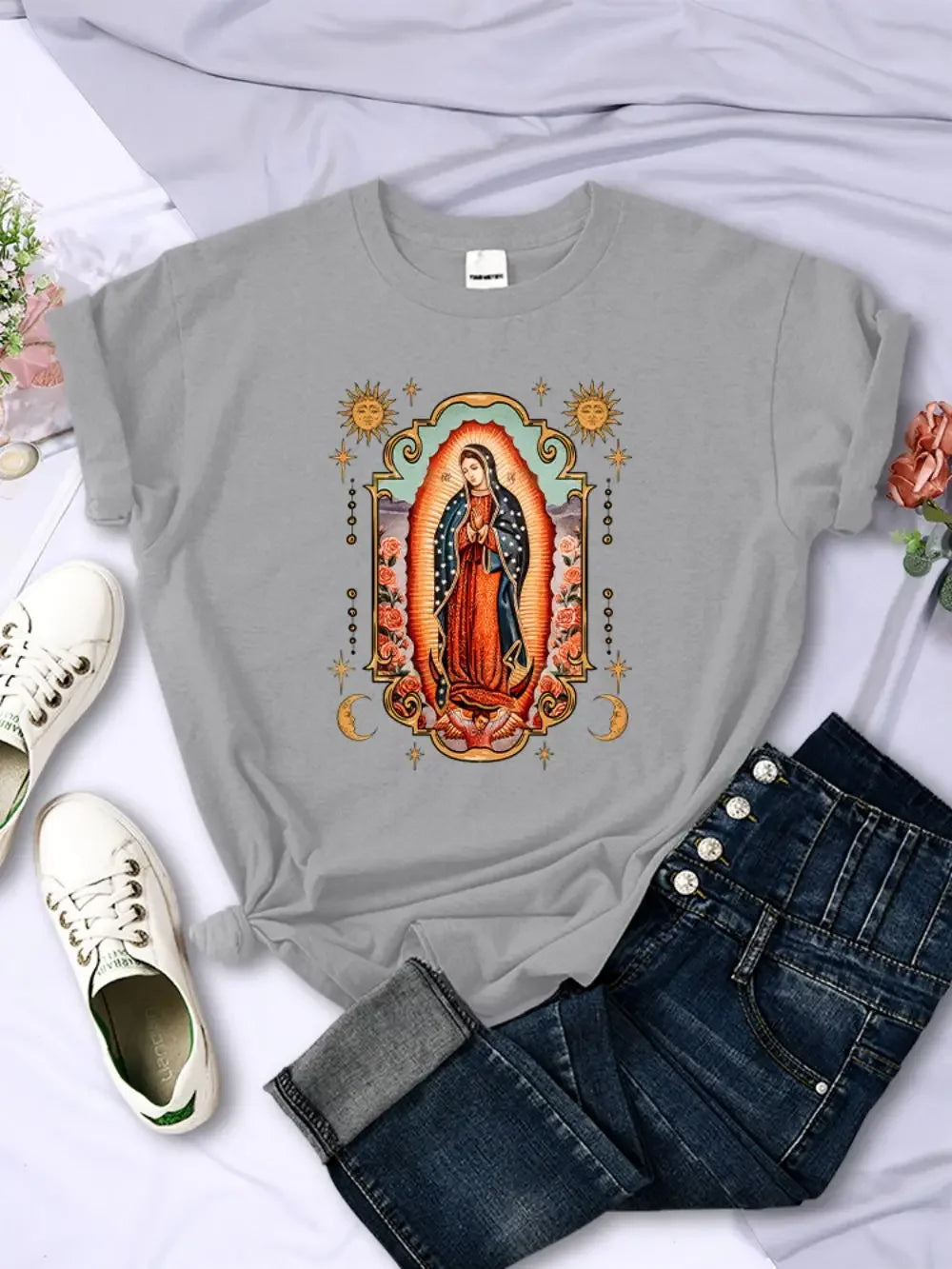 Street T-Shirts Our Lady of Guadalupe Printed Tee Shirts Comfortable O-Neck Short Sleeve Summer Casual Female Clothes