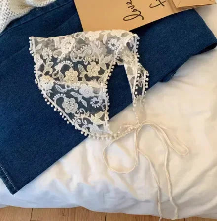 White Woven Floral Lace Headscarf for Women