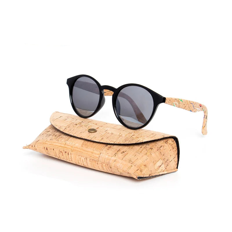 Round Bamboo Grain Polarized Sunglasses with Case – Unisex Wooden Style Shades