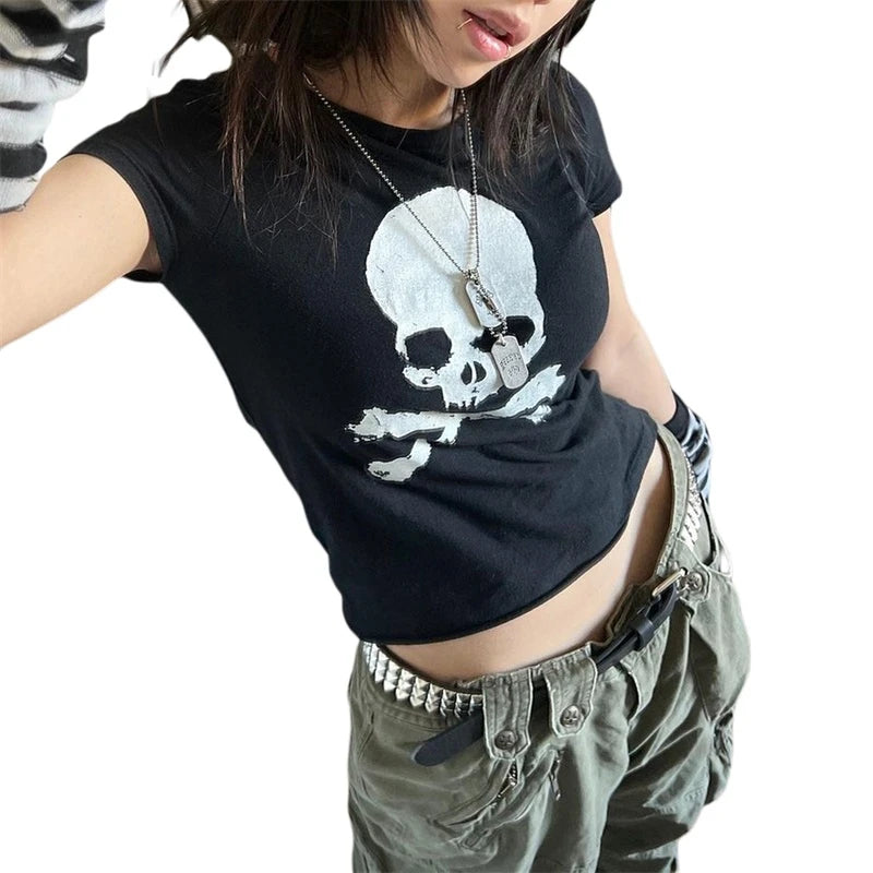 Vintage Grunge Skull Graphic Crop Top | Y2K Gothic Punk Tee