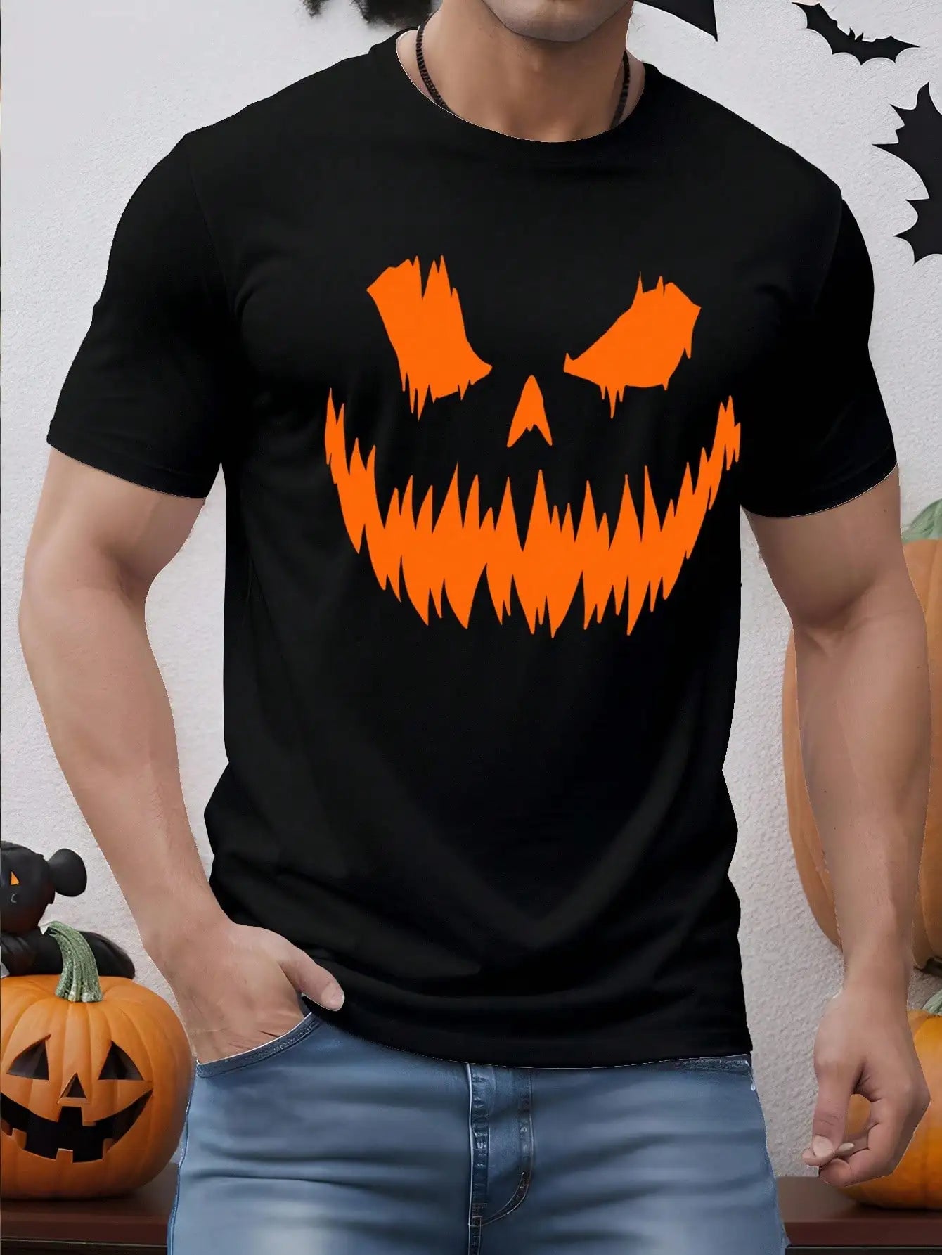2025 Halloween Pumpkin Face Silhouette Print Casual Men&