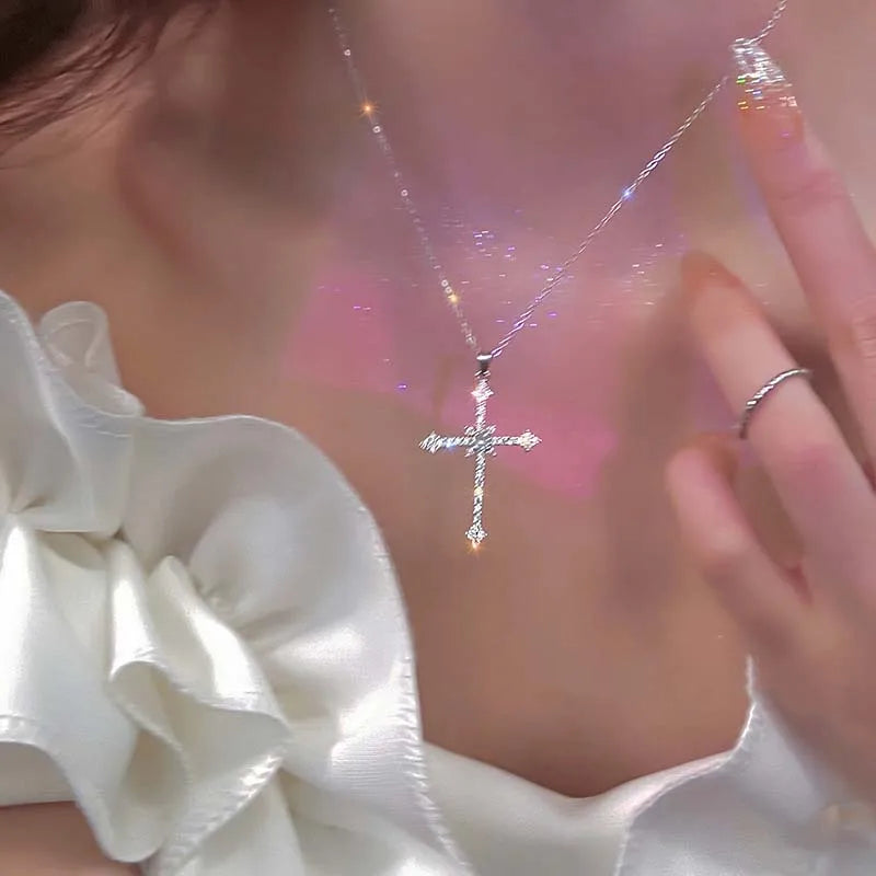 Silver Crystal Cross Pendant Necklace
