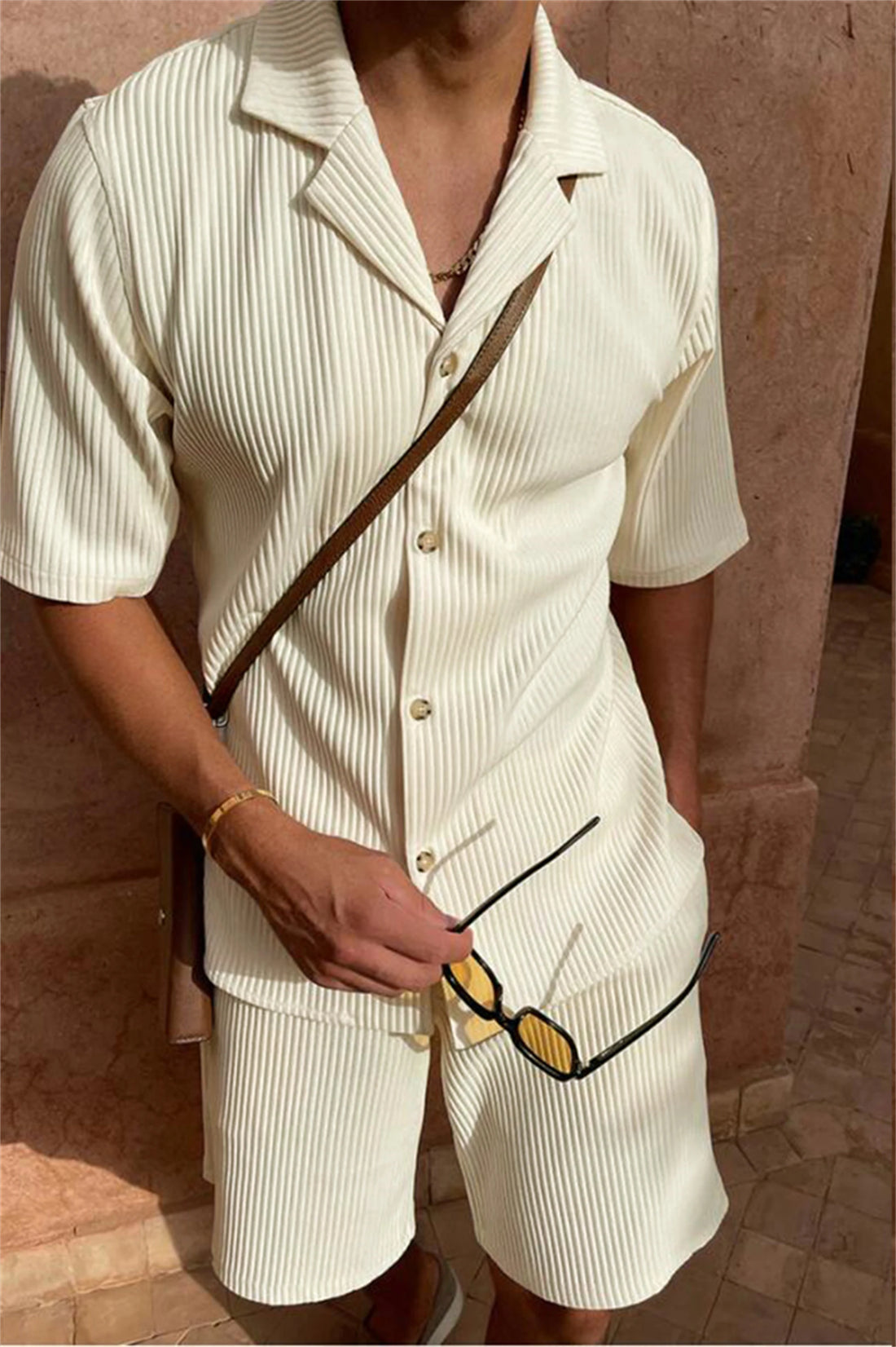Spring/Summer Men’s Solid Color Corduroy Shirt & Shorts Set