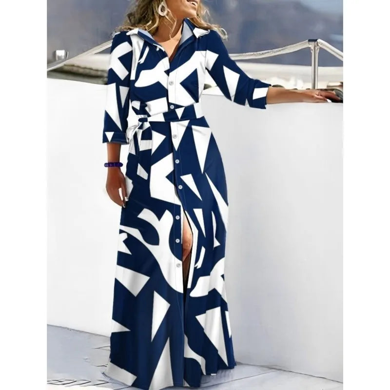 Print Lace-Up Maxi Dress – Long Sleeve, Turn-Down Collar
