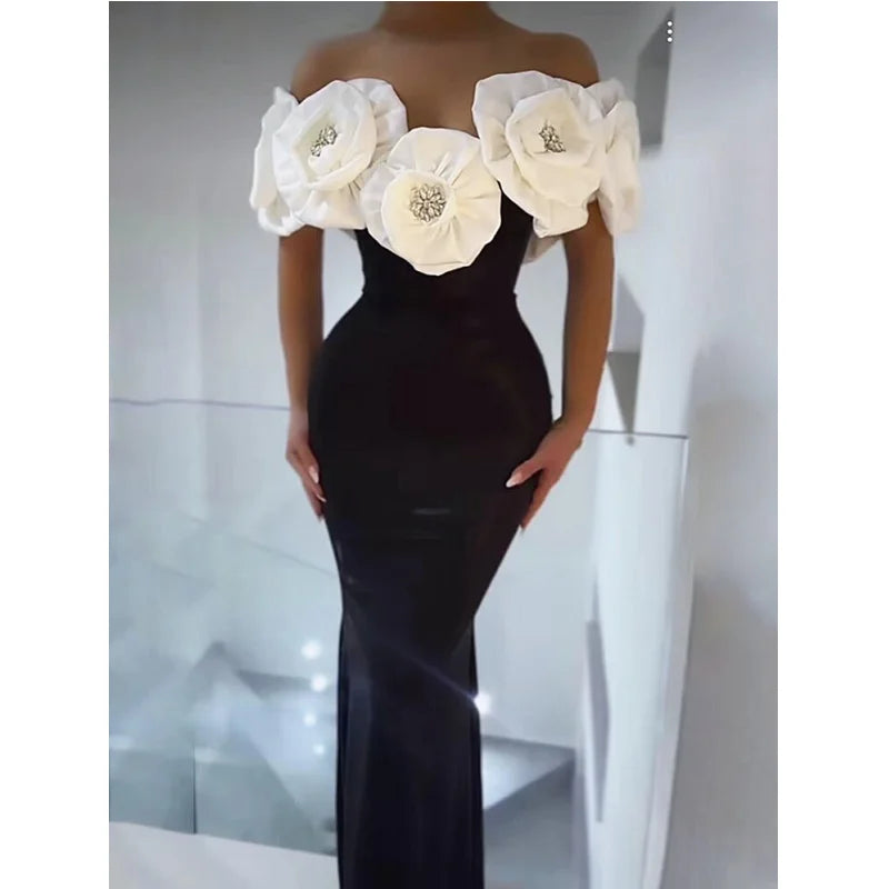 Stereoscopic White Flowers Sexy Off-The-Shoulder Dress