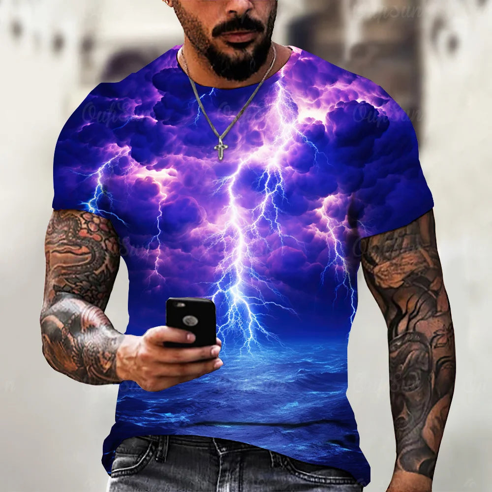Men’s 3D Lightning Print T-Shirt – Casual Oversized Short Sleeve
