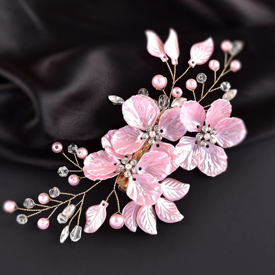 White Handwoven Flower Hair Clip with Pearls & Crystals