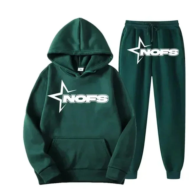 Streetwear NOFS Star Print Tracksuit Black Hoodie and Joggers Set for Men Women