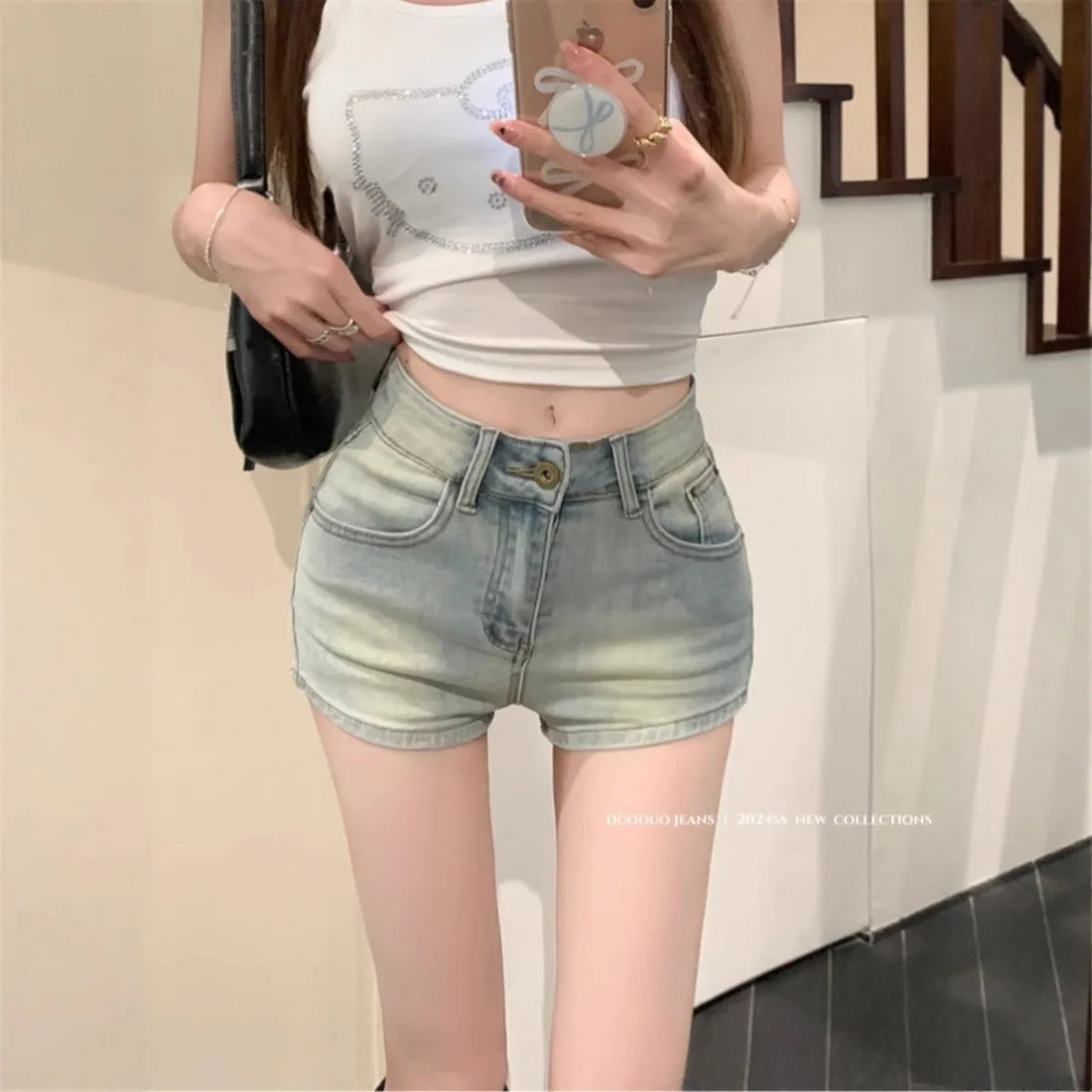 High-Waisted Light Blue Denim Shorts | Vintage Wash Button Fly Summer Pants