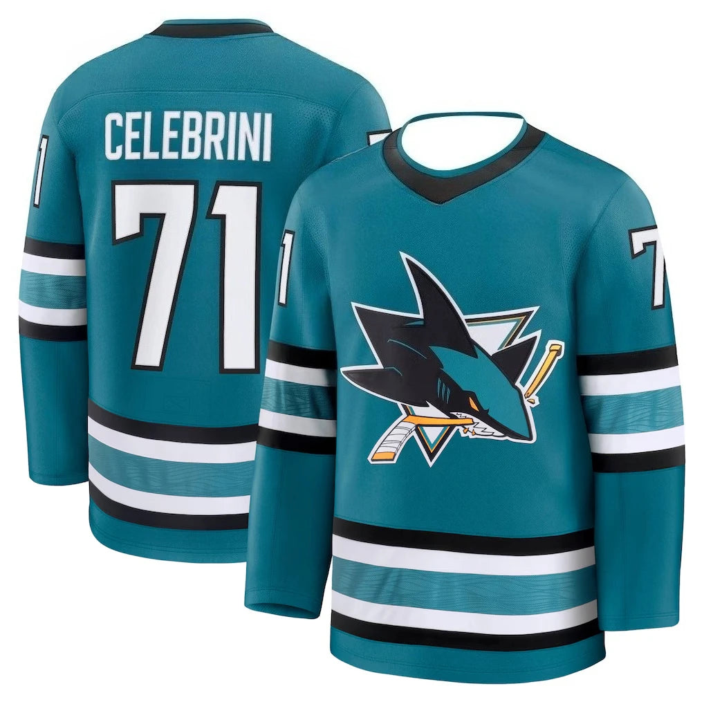 Celebrini 71 Shark Hockey Jersey | Teal/Black/White 3D HD Print Sports Jersey