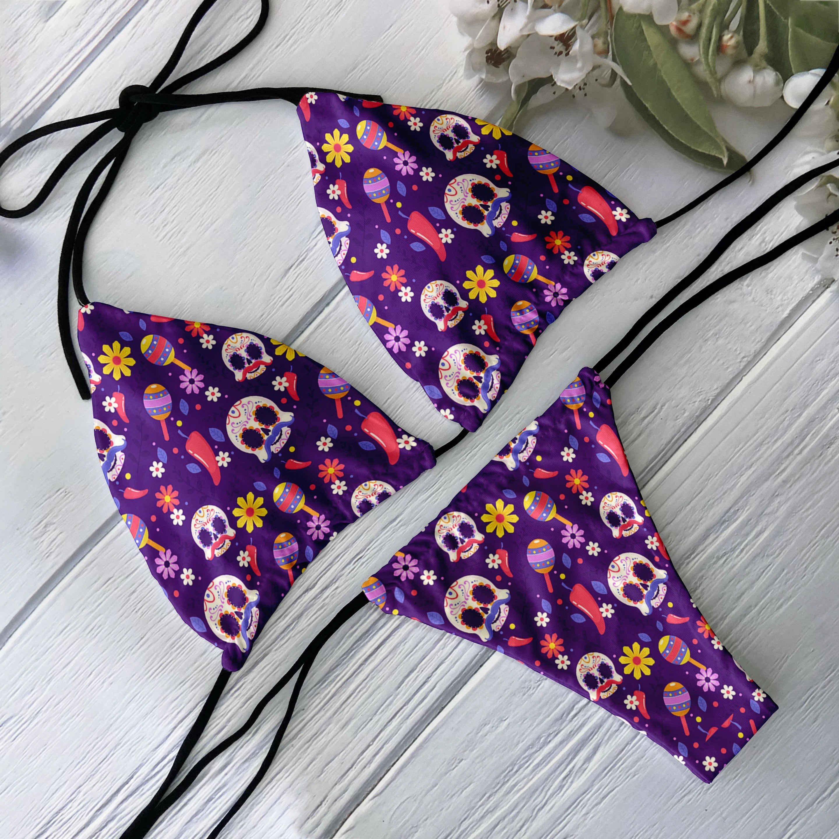 Skull Print Backless Bikini Set
