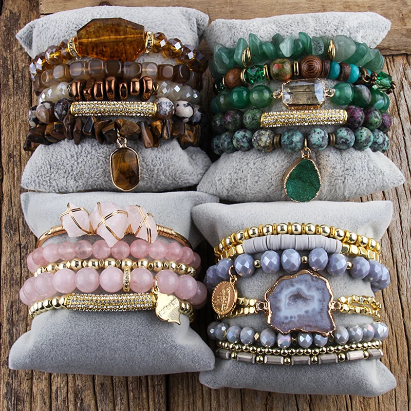RH Fashion Bohemia Jewelry Accessory Stone/Glass Beaded Multi Stack Stretch Bracelets Set