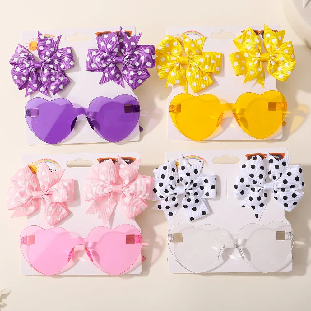 3Pcs Kids Cute Solid Dot Hairpin & Colorful Heart Sunglasses Set