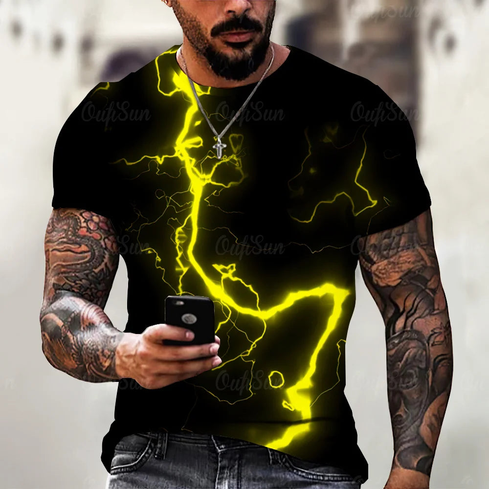 Men’s 3D Lightning Print T-Shirt – Casual Oversized Short Sleeve