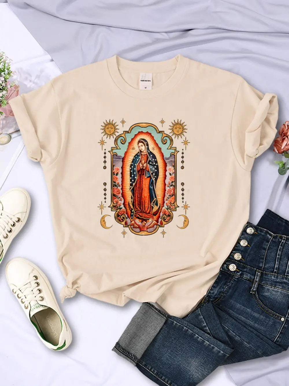 Street T-Shirts Our Lady of Guadalupe Printed Tee Shirts Comfortable O-Neck Short Sleeve Summer Casual Female Clothes