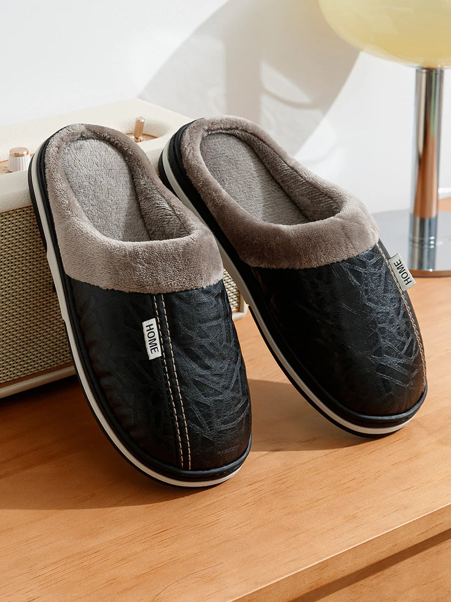 Men’s Winter PU Leather Slippers | Warm & Waterproof Indoor Shoes