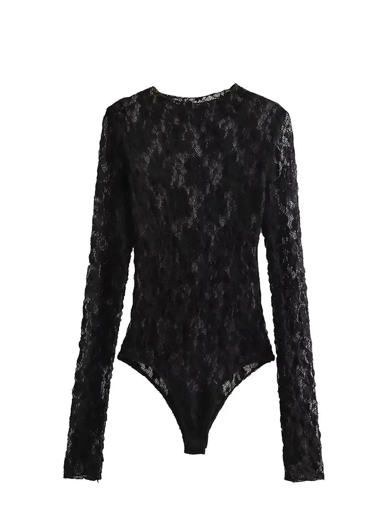 Sexy Hollow Out Long Sleeve Slim Bodysuit, Chic Clubwear