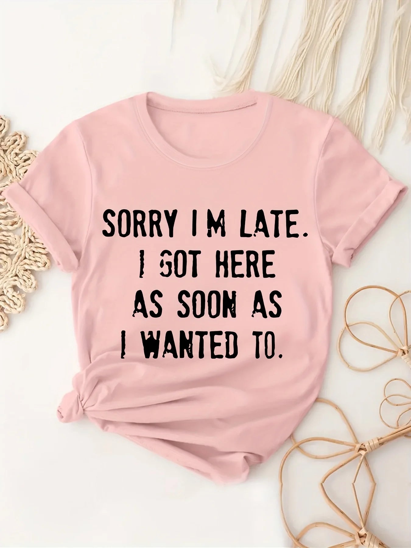 Women’s “SORRY I’M LATE” Graphic T-Shirt | Light Pink Short Sleeve Tee